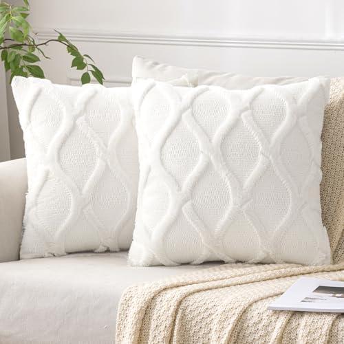 MIULEE Spring Decorative Throw Pillow Covers Cream White 18x18 Inch Set of 2, Soft Plush Faux Wool Couch Cushion Covers Farmhouse Throw Pillows for Couch Bed Sofa Living Room