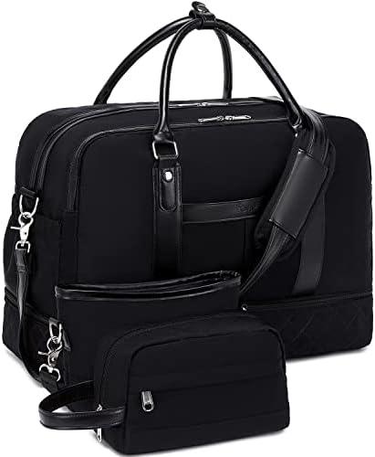 BOVIP Weekender Bags for Women Overnight Bag Large Canvas Travel Duffel Bag with Shoe Compartment Carry On Tote Bag 3Pcs Set