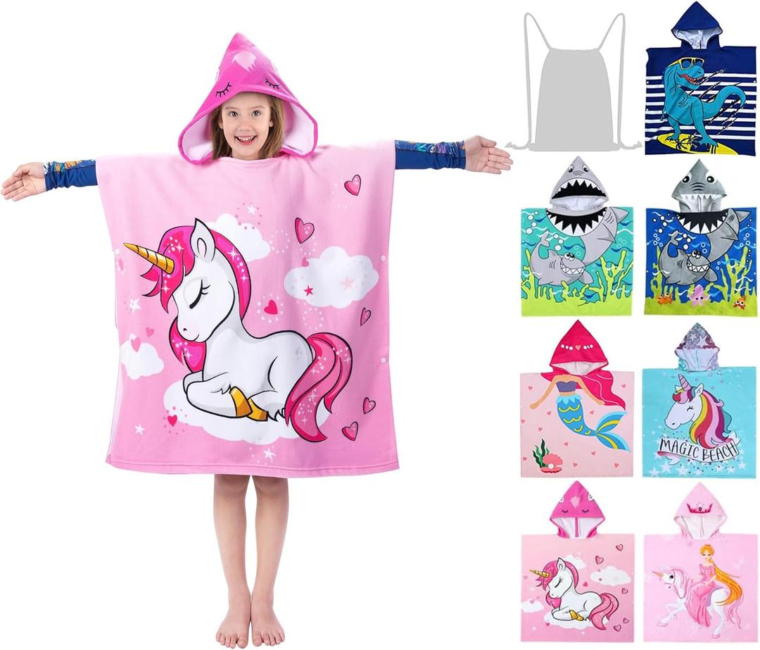 Hooded Kids Beach Towels - Toddler Bath Towel Girls Boys Swim Cover-ups for Ages 4 to 10 Kids Pool Towels Quick Dry Lightweight Soft Microfiber Poncho 30x30 with Bag (Pink Unicorn)