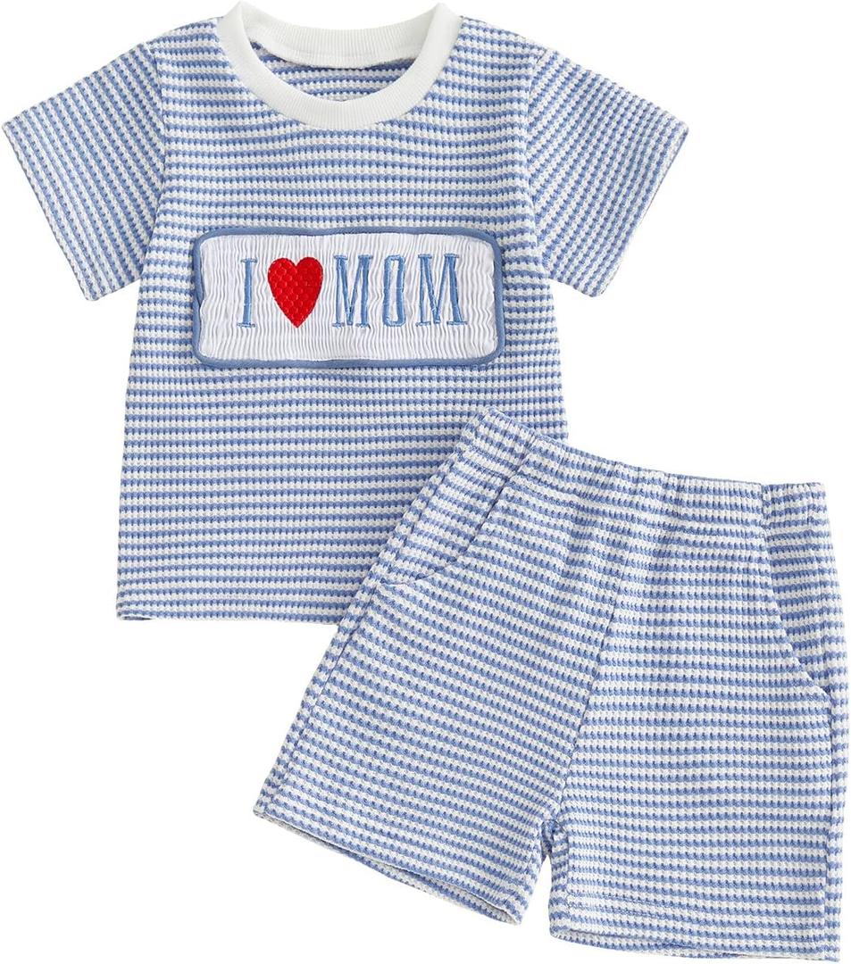 Nibbcoa Toddler Baby Boy Mothers Day Outfit I Love Mom Embroidery Waffle Knit T Shirt Shorts Set Cute Summer Clothes (Blue, 18-24 Months)