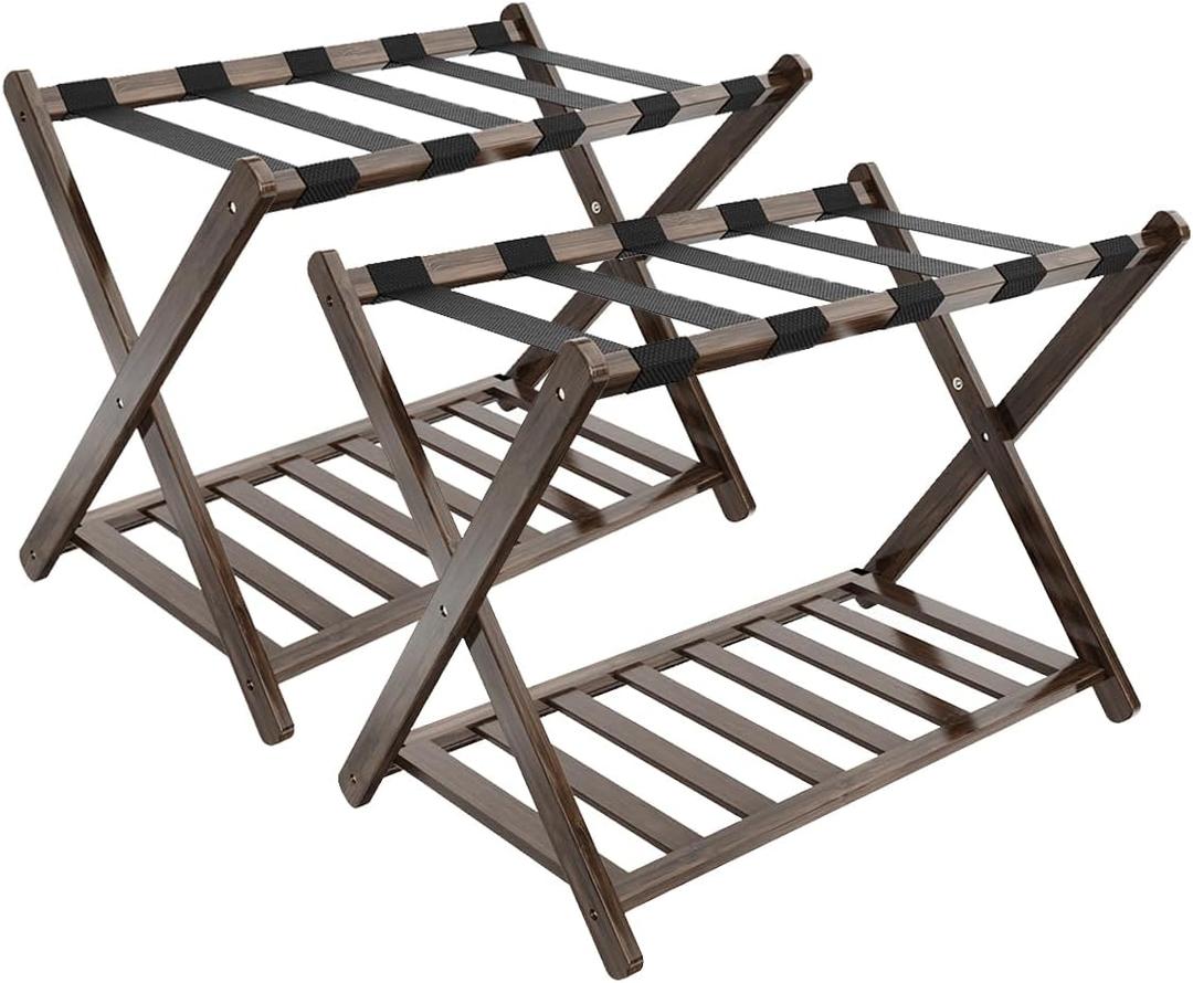 Luggage Racks, Folding Suitcase Stand with Storage Shelf, Bamboo Suitcase Rackwith Unique Magnetic Locking, 2 Pack Assembled Luggage Rack, Luggage Holders Stand for Guest Room, Bedroom, Hotel (Walnut)