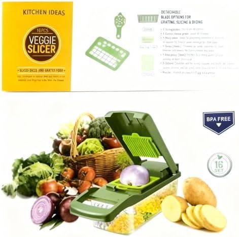 Veggie slicer 16 pieces vegetable slicer, veggie chopper, food chopper, onion cutter, hand operated multi functional, 16-Piece Multifunctional Veggie Slicer Set- (GREEN) new