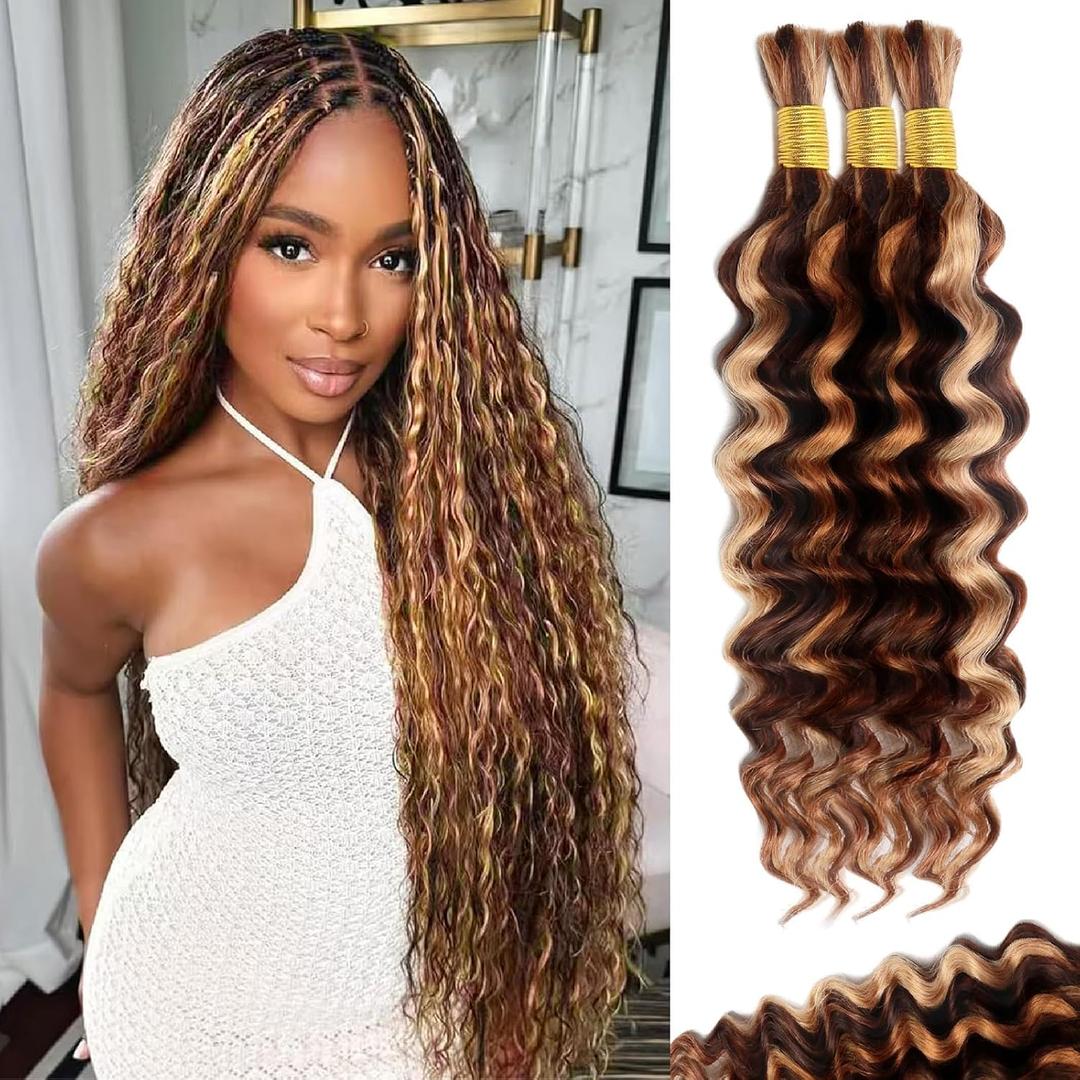 14 Inch Highlight Human Braiding Hair for Boho Braids, P4/27/30 Ombre Brown Blonde Deep Wave Curly Boho Braids Hair Extensions 100g for Braiding Knotless 3 Bundles/Pack