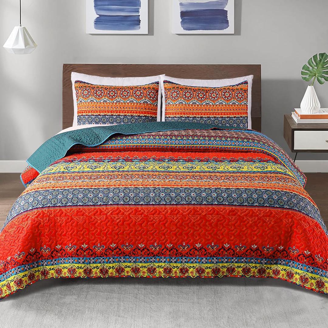 Exclusivo Mezcla Reversible Boho Quilt Set Twin Size, 2 Pieces Bohemian Blue All Season Bedspreads, Ultra Soft Floral Coverlet Bedding Set with Printed Pattern (1 Quilt, 1 Pillow Sham) (Twin (68"x88"))
