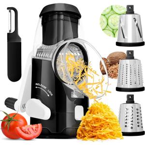 BASSWOOD Rotary Cheese Grater with Handle - Mandoline Slicer with 3 Stainless Steel Drum Blades-Vegetable Slicer Walnuts Grinder Cheese Shredder Round Mandoline with Peeler (Black)