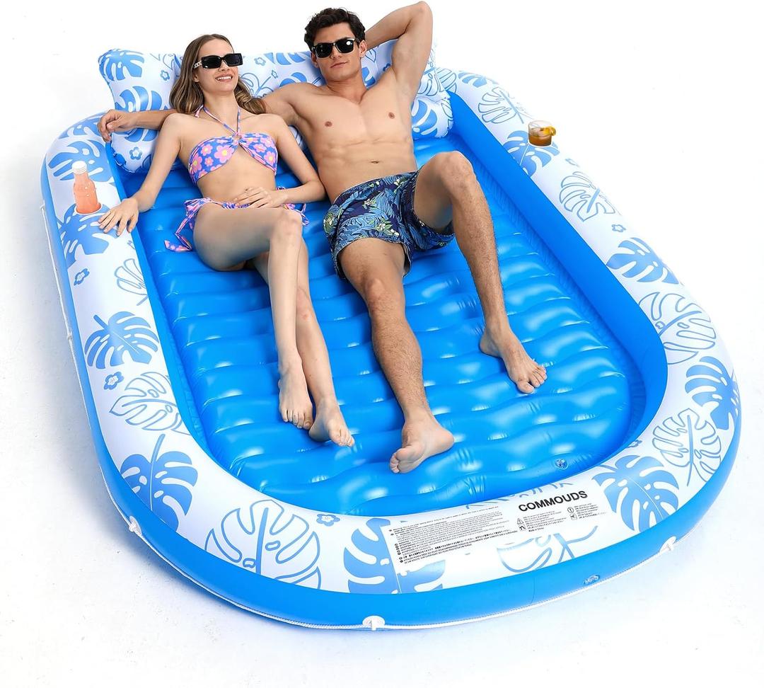 COMMOUDS Inflatable Tanning Pool Lounger Float with Cervical Pillow - Pool Floats Adult for Sunbathing, Backyard, Pool Party - Inflate Ball Pit for Babies - Kids Swimming Pool Bed, SkyBlue-XXL(89" x 67")