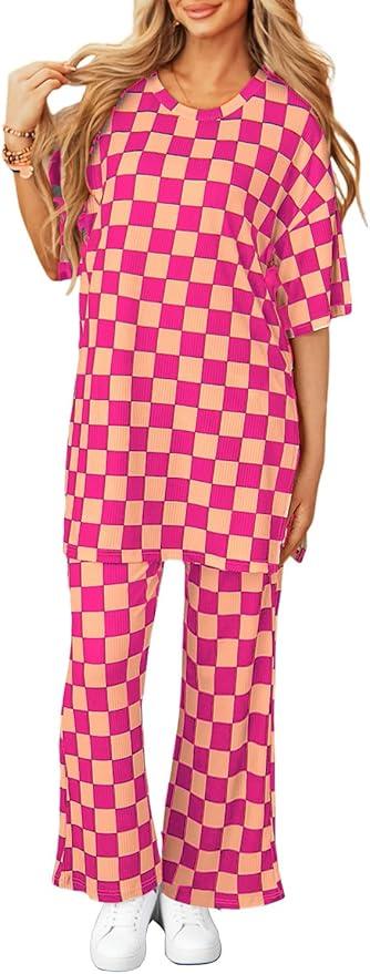 Opemiby Two Piece Sets for Women Spring 2026 Short Sleeve Top and Wide Leg Pants Matching Set Ribbed Summer Vacation Outfits Rosy XL
