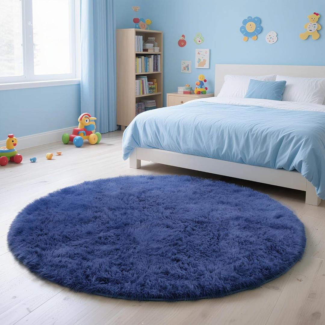 Blue Fluffy Round Area Rugs for Bedroom,3ft Shag Circle Area Rugs for Living Room,Non Slip Fuzzy Plush Rug for Kids Room Boys Girls Room and Dorm Home Decor Rug