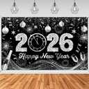 Mocsicka Happy New Year Backdrop Black Silver 2026 New Years Banner Fireworks Champagne for New Years Eve Party Supplies Photo Background (Black Silver, 6x3.6ft)