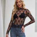 siliteelon Lace Tops for Women Mesh Long Sleeve Top Sheer Lace Shirt Floral Mock Neck Party Club Lace Undershirt