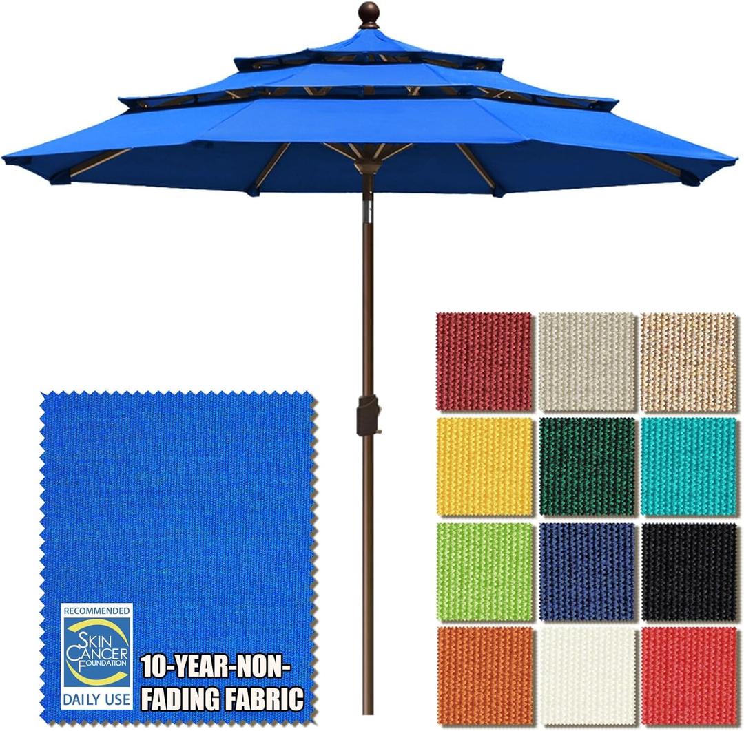 EliteShade USA 10-Year-Non-Fading 9ft 3-Tier Market Patio Umbrella, Commercial Grade Outdoor Table Umbrella with Crank Open, Windproof & UPF 50+ UV Protection, Heavy Duty Ventilation for Garden, Deck, Pool, Backyard, Beach & Bistro, Royal Blue