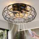 Ceiling Fan with Lights, 18 Inch Caged Ceiling Fan Lights Remote Control Small Industrial Ceiling Fan Light Fixture Flush Mount Farmhouse Light 6 Speeds Bladeless Lights for Bedroom Kitchen