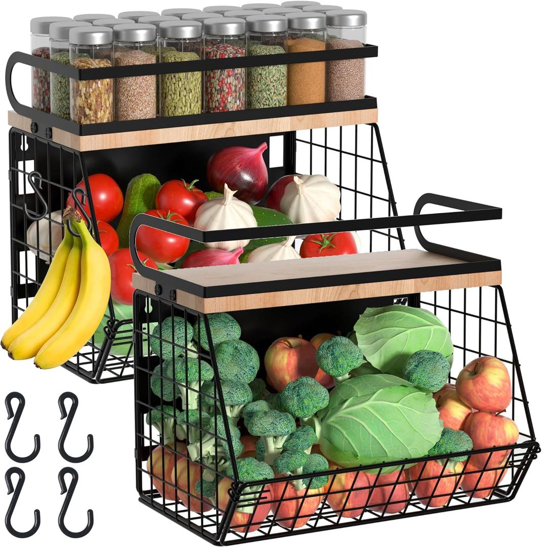 Magnetic Spice Rack for Refrigerator, Fruit, Potato & Onion Storage Bin,Large Capacity Magnetic Shelves for Side of Refrigerator, Kitchen Organizers and Storage Countertop,2 Pack Black