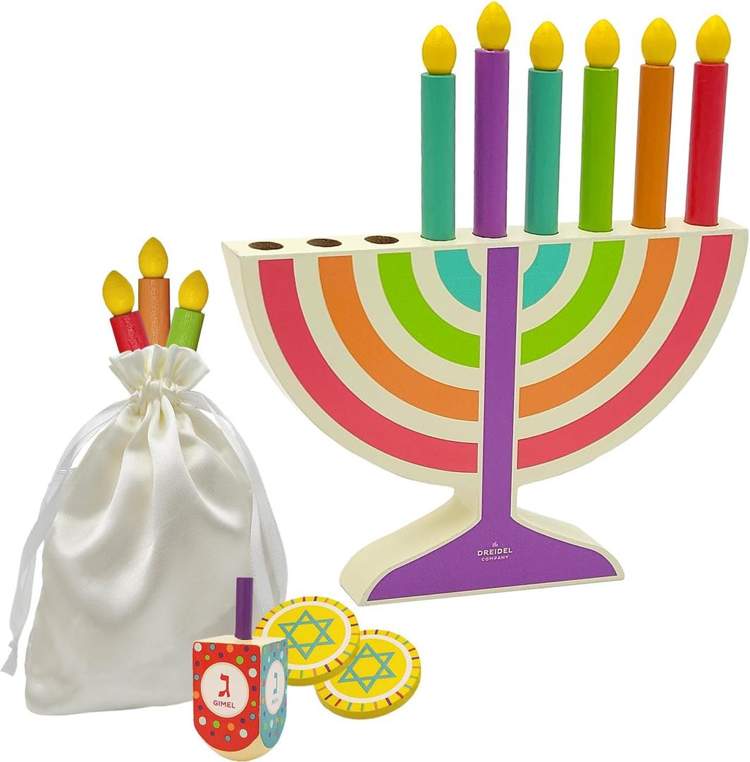 Mini Multicolor Hanukkah Menorah, 5" Inch Children Wooden Chanukah Menorah Set with Removable Wooden Candles, 3" Inch Dreidel, and Gelt Coins (Single)