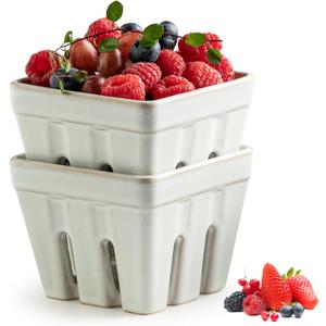 Gomakren Ceramic Berry Basket Set of 2, Square Fruit Bowl with Holes, Small Fruit Basket Containers for Kitchen Counter, Berries, Strawberry, Grape, Cherry, White (4.0 Inch)