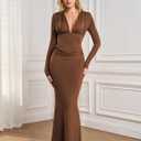 Long Sleeve Maxi Dress Deep V Neck Ruched Bodycon Elegant Semi Formal Wedding Guest Dresses for Women 2025 (Brown)