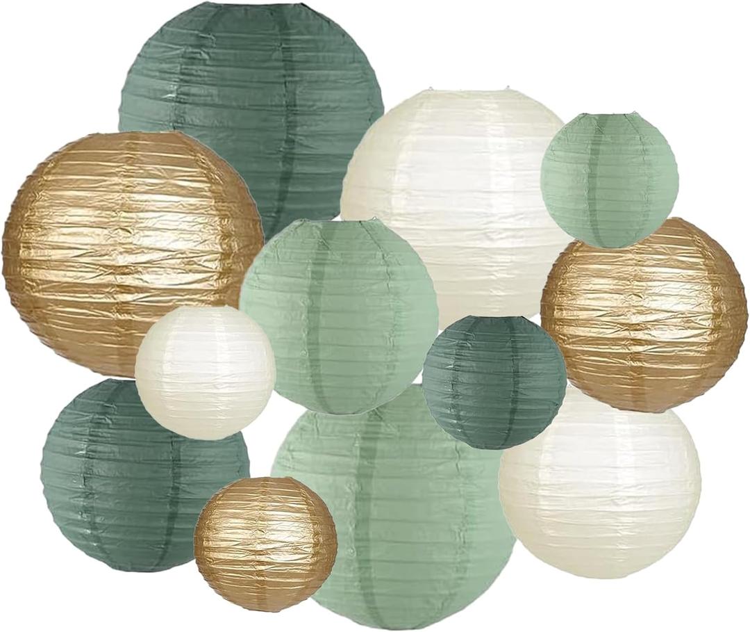 ZOOYOO Sage Green Paper Lanterns Decorative, Forest Green Party Hanging Paper Lanterns Decorations for Bridal Shower Rustic Neutral Boho Birthday Wedding Home Decor Party Decoration 12PCS