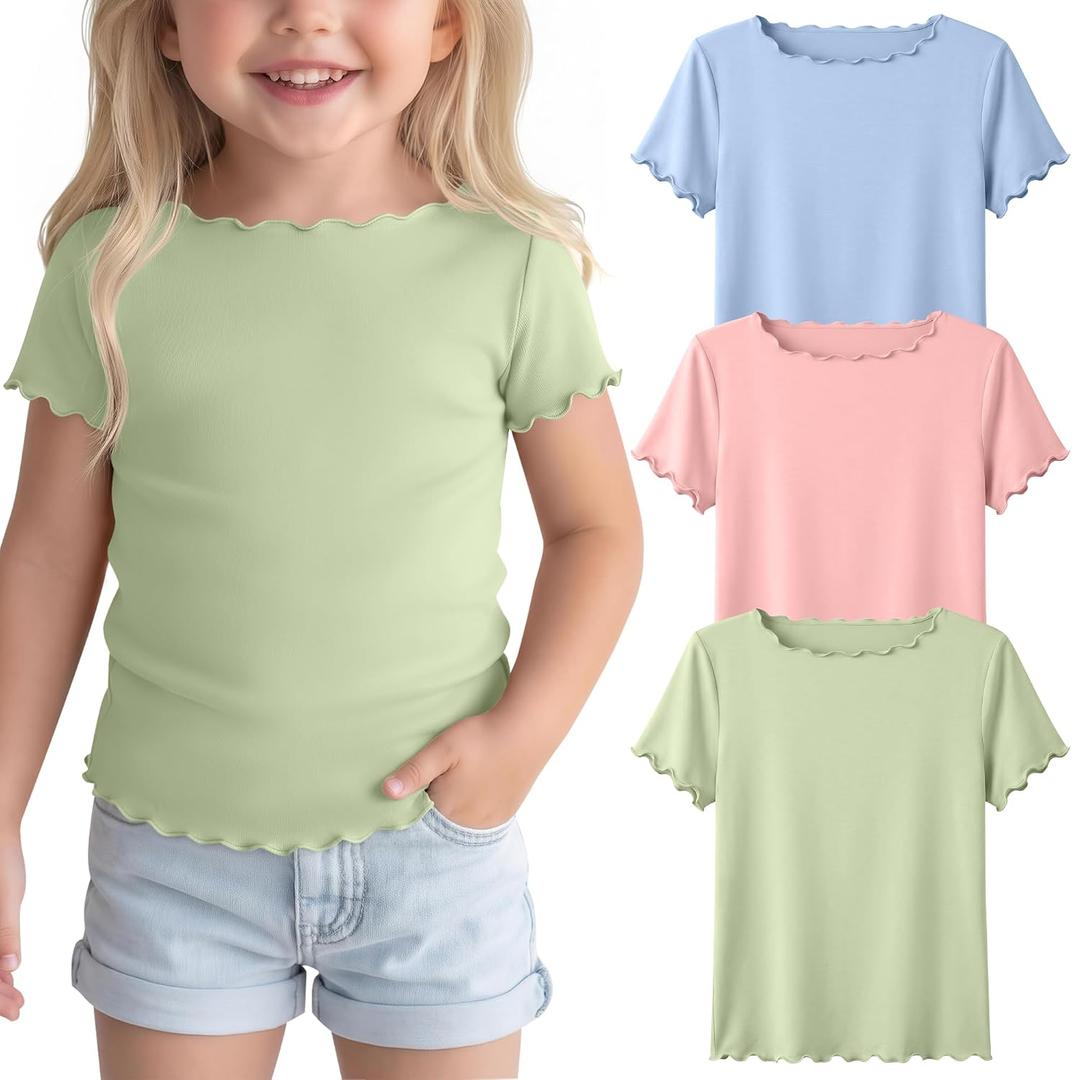 3 Pack Toddler Girls' Short Sleeve Tops | Baby, Cute, Tee, Crop, Lettuce Trim, Kids, T-shirt, Boat Neck, Blouse, Solid, Casual, Summer, Plain, Classic, Elegant