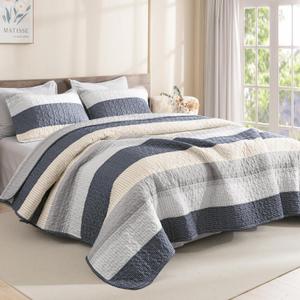 Litanika Quilt King Size Blue and Yellow, Stripe Patchwork Summer Bedspread Coverlet 3 Pieces, Soft Lightweight Microfiber Quilted Bedding Set for All Season(1 Quilt, 2 Pillowcases)