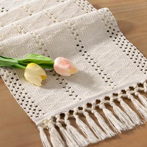 Socomi Boho Table Runner Valentine's Day Farmhouse Rustic Dining Kitchen Centerpiece Decor Small Macrame Woven Cotton Linen Coffee Table Runner for Dresser Scarf Home Decor 12x72 inch Beige