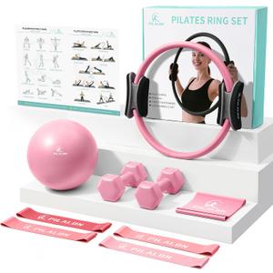 Pilates Ring Set - Studio-Grade Anti-Deformation Pilates Kit - Pilates Equipment for Home Workout - 14'' Pilates Ring, Pilates Ball, 2 Dumbbells, 5 Resistance Bands for Toning Arms, Thighs