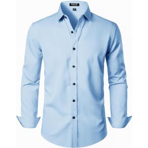 JEMITOP Men's Stretch Wrinkle Free Dress Shirt Formal Prom Wedding Long Sleeve Button Down Shirts (Blue, XL)