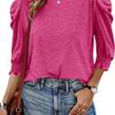 Tankaneo Womens 3/4 Length Sleeve Tops Dressy Casual Blouse Puff Sleeve Cute Trendy T Shirts with Smocked Cuffs (Pink, L)