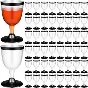 50 Pcs Plastic Wine Glasses Disposable 6 oz Rimmed Wine Cups with Stem Clear Toasting Glasses for Cocktail Champagne Parties Wedding Graduation Birthday Bachelor Party (Black)
