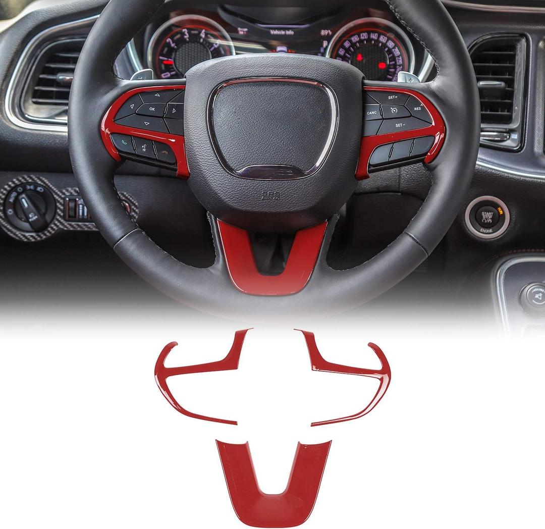 JeCar Steering Wheel Cover Interior Decoration Trim Kits Compatible with Dodge Challenger/Charger 2015-2023/Durango 2014-2020 & Grand Cherokee 2014-2019 SRT8, Red