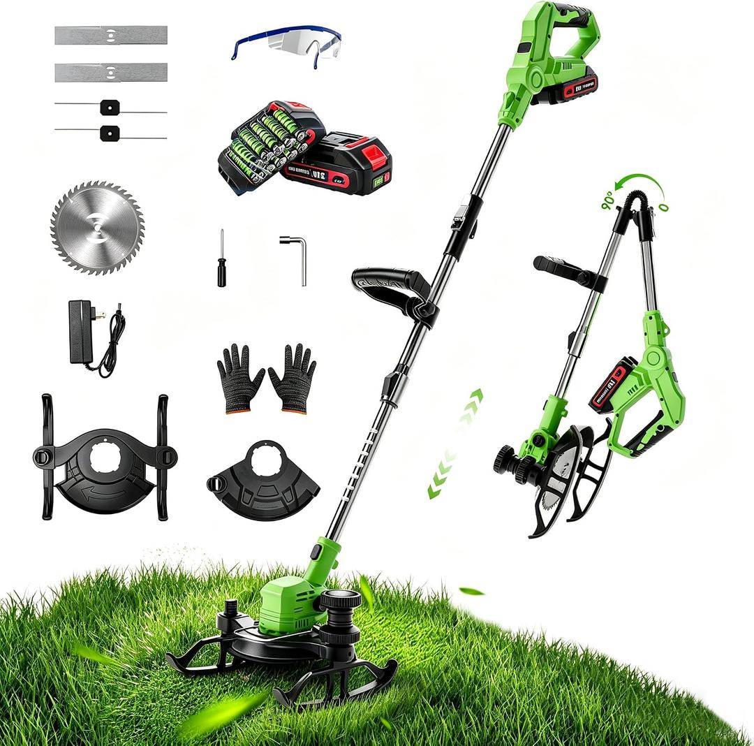 Cordless Weed Wacker, 21V Lightweight Electric Trimmer with 2 x 21V Batteries & Charger 3-in-1 Grass Trimmer/Brush Cutter/Lawn Edger for Lawn Care