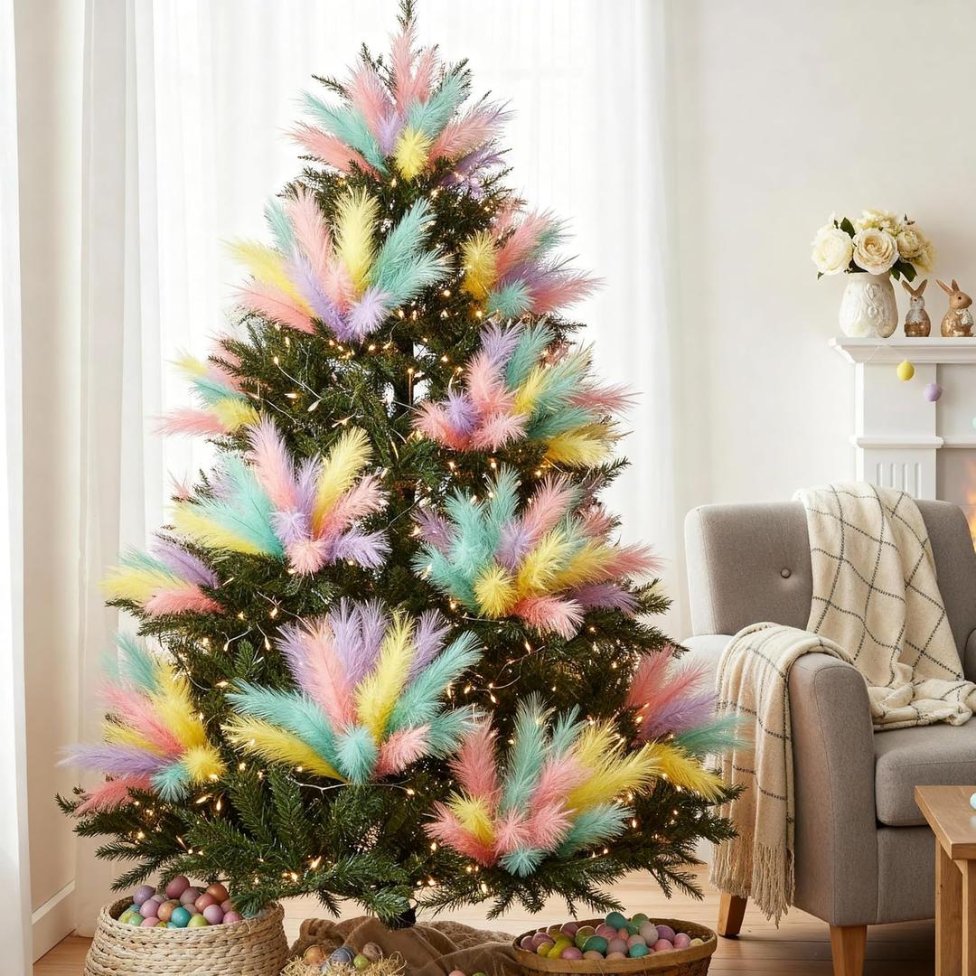 40 Pcs Easter Pampas Grass Decor Pastel Color Artificial Easter Decor for Home, Spring Decorations for Table Centerpieces, Vases, and Basket, and Spring Holiday