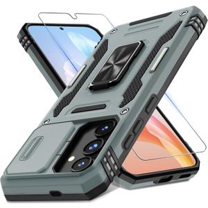 DEERLAMN Case for Samsung Galaxy S24 6.2-Inch with Slide Camera Cover+Screen Protector(1 Pack), Rotated Ring Kickstand Military Grade Shockproof Protective Cover-Grey