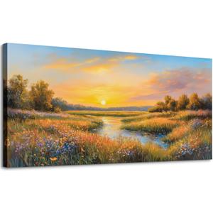 SLYCAY Large Wall Art for Living Room, Nature Golden Sunset Landscape Painting, River Meadow Wildflower Canvas Prints, Marshland Scenery Farmhouse Decor Bedroom Dining Room Kitchen 24"X48"