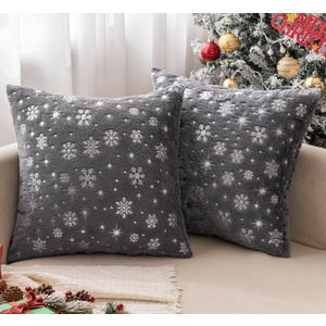 MIULEE Set of 2 Christmas Decorative Throw Pillow Covers Soft Faux Fur Winter Pillow Covers with Silver Snowflake Glitter Holiday Festival Pillowcases for Couch Sofa Bed, 1818inch, Gray