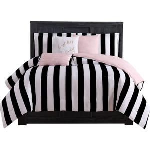 Juicy Couture Cabana Stripe Reversible Bedding Set - Queen Size - Black and White Stripe Print 6 Piece Set Includes 1 90" x 90" Comforter, 3 Decorative Pillows, 2 Shams, Queen/Full