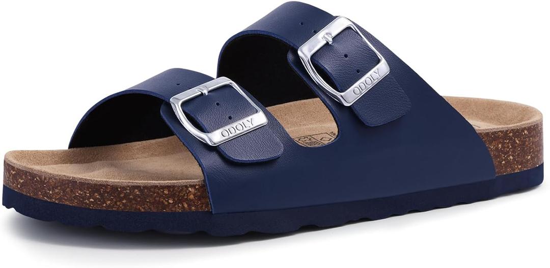 Unisex Cork Footbed Slide Sandal, Arch Support Summer Outdoor Sandals with Adjustable Buckle for Women and Men (10.5 Women/9 Men, Navy)