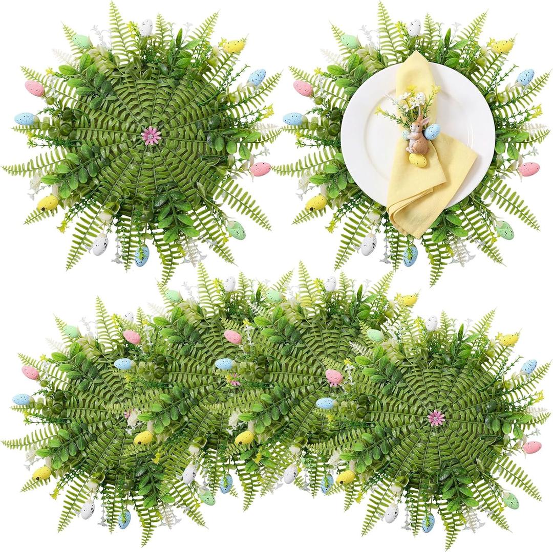 4 Pcs Artificial Easter Placemats Round Greenery Place Mats Easter Circular Artificial Wreath Dining Table Mat Fake Plants Table Mats for Holiday Party Dining Kitchen Accessories (Solid)