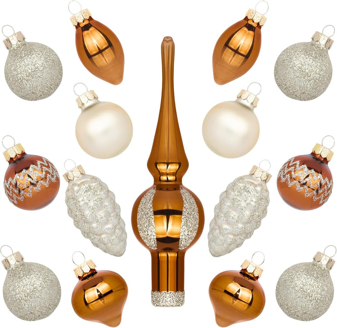 Miniature Ornaments and Tree Topper Christmas Mini Glass Tree Decorations Set of 15 for Tabletop Desktop Tree Wedding Centerpiece (Bronze Champagne) (Bronze Champagne)