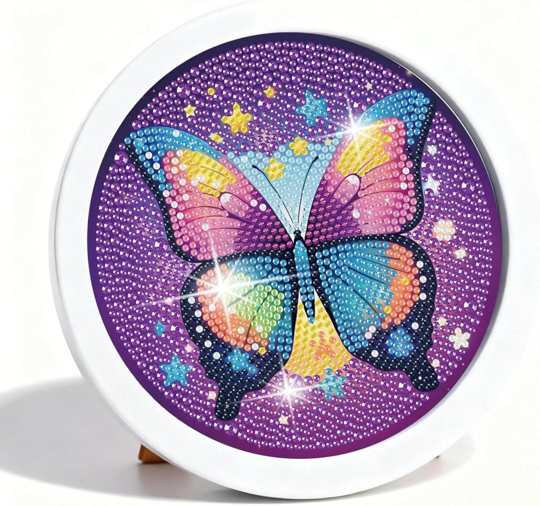 Gemozaic Butterfly Diamond Art Kits for Kids with Round Frame, Animals Kids Diamond Art Painting Kit for Ages 6-8-12, DIY Gem Painting for Girls, Boys, Home Wall Decor (8x8inch)