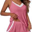 Ekouaer Womens Pajama Sets Soft Lingerie Sleepwear 2 Piece Cami Shorts Set V Neck Pj Lace Nightwear, Small