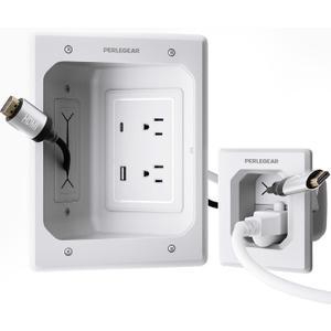 Perlegear TV in-Wall Cable Management Kit, USB and Typ C Ports Cord Hider for Wall Mount TV with Recessed Power, Includes Drill Templates, Dust Bags, Drywall Saw, Extension Cable