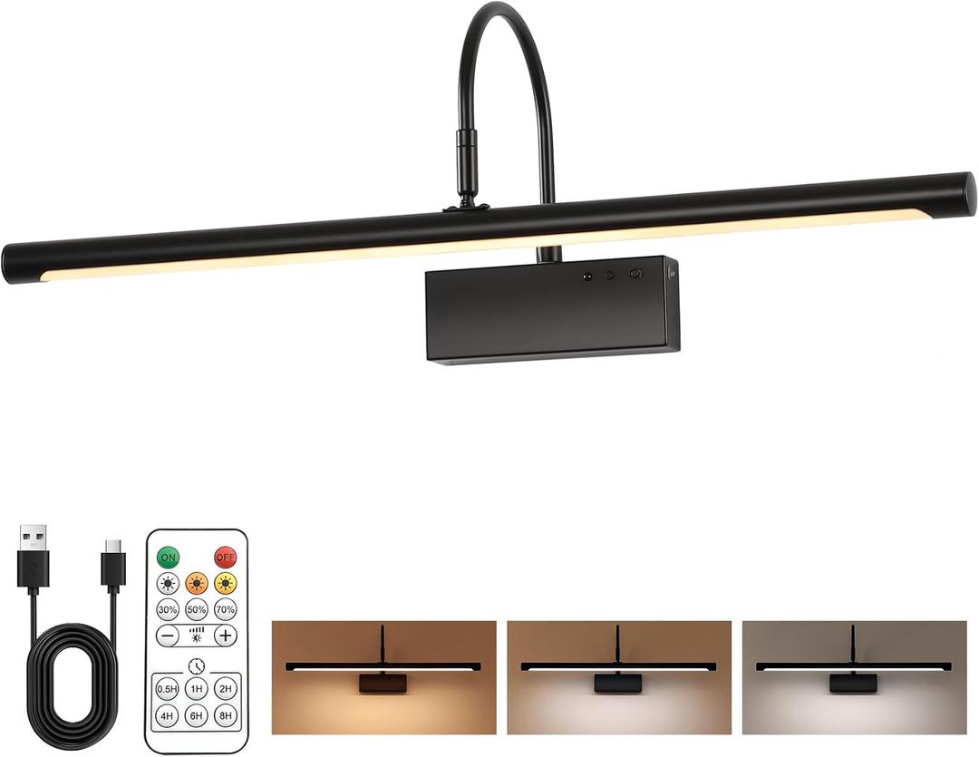 Battery Operated Picture Light with Remote, 24 inch Wireless Rechargeable Art Light with Timer, Dimmable 3CCT Gallery Lighting for Paintings, Portraits, and Canvas (Black), 23.6inch