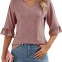 Womens 3/4 Flutter Sleeve Tops V Neck Shirts for Business Casual Loose Tunic Work Dressy Blouses (Medium, Pink)