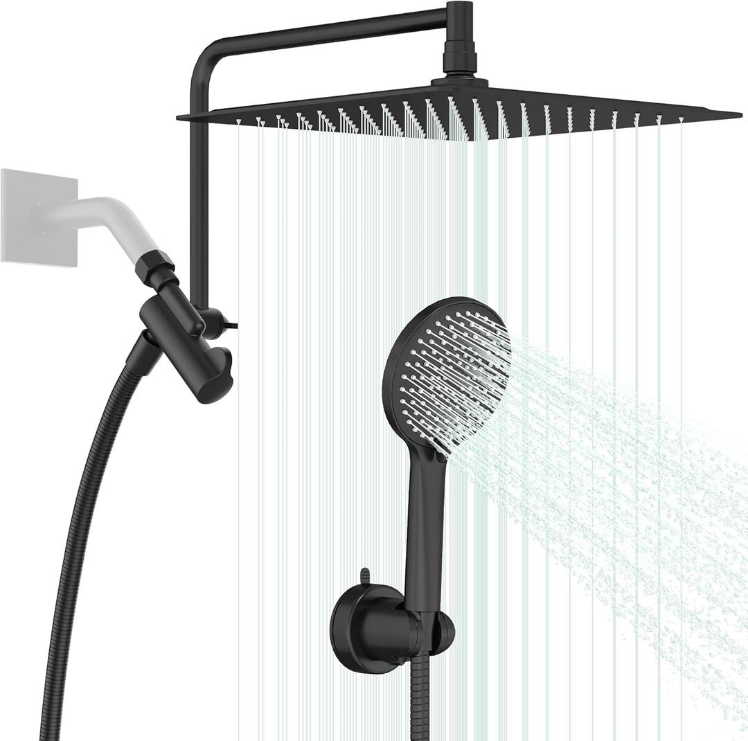 Double Shower Heads with Handheld Spray Combo, 10" Stainless Steel Rain Shower Head with Handheld, 3+3 Shower Mode, 13" Adjustable Shower Extension Arm and 59" Long Shower Hose, Matte Black