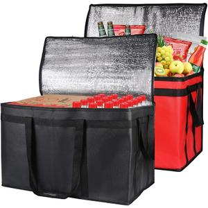 Bodaon 2-Pack Insulated Food Delivery Bag, XXX-Large Meal Grocery Tote Insulation Bag for Hot and cold Food, Commercial, Large Capacity Reusable Warming Bag, Heavy Duty Pizza Carrier, Black + Red (XXX-Large (Without Hard Bottom))