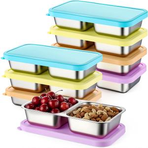 FoldTier 8 Pack 2-Compartment Stainless Steel Snack Containers Include 8 Silicone Lids and 8 Box Bodies Reusable Stackable Box for Adult Work, Travel & Camping 7.9 x 4.1 x 1.6 Inch (Macaron)