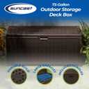 Suncast Outdoor Storage Box - 73 Gallon Mocha Brown Deck Box for Patio, weather-resistant Outdoor Storage Bench, Resin Wicker Style, Heavy-Duty, Lockable Lid for Cushions, Shoes, Pool & Garden Gear