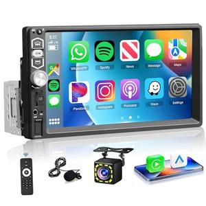 Single Din Car Stereo Radio with Carplay Android Auto,Podofo 7Inch 1080P HD IPS Touchscreen 5.1Bluetooth Car Radio Audio Support FM Radio EQ Mirror Link SWC USB/TF/Aux-in Ports+Backup Camera