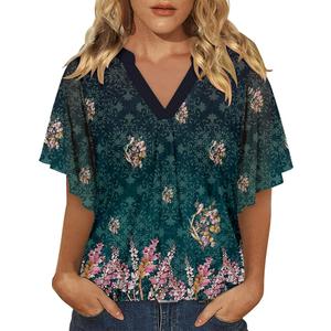 Onlypuff Womens Double Layered Tunic Tops Half Sleeve Floral Double Layered Sheer Flowy Blouse Round/V Neck Casual Shirts, Size: L
