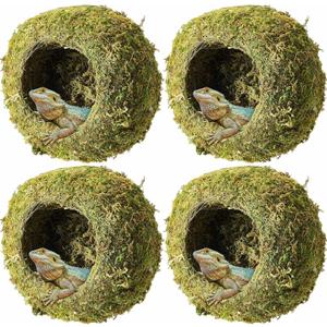 4 Pcs 4 x 4 x 3 Inch Mossy Cave Hide Green Reptile Mossy Hideout Humidity Crested Gecko Hide for Turtle Spider Lizard Frog Crested Gecko Chameleon